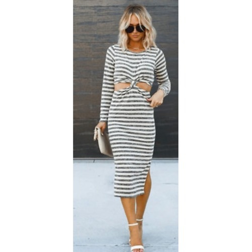 Chrysanthemum Midi Dress Large Beige Black Striped Twist Front Cut Out Bodycon